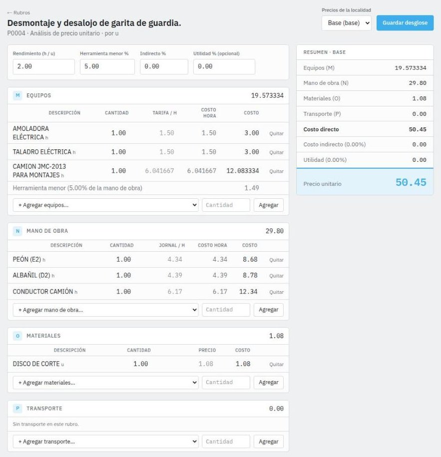 Desglose del rubro con bloques de equipos, mano de obra, materiales y transporte, y resumen con precio unitario 50.45