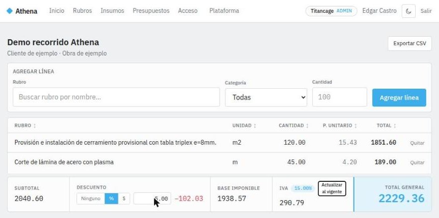 Editor de presupuesto con dos líneas, descuento del 5 %, IVA 15 % y total general 2229.36