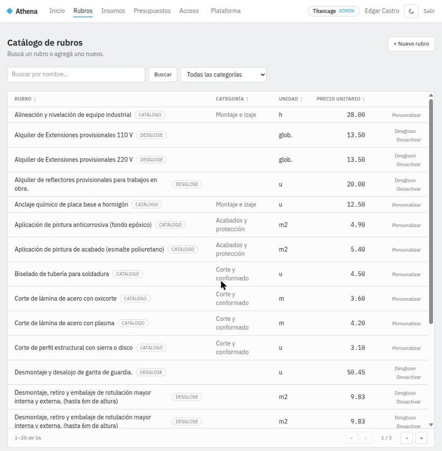 Catálogo de rubros con etiquetas de catálogo y desglose, categoría, unidad y precio unitario